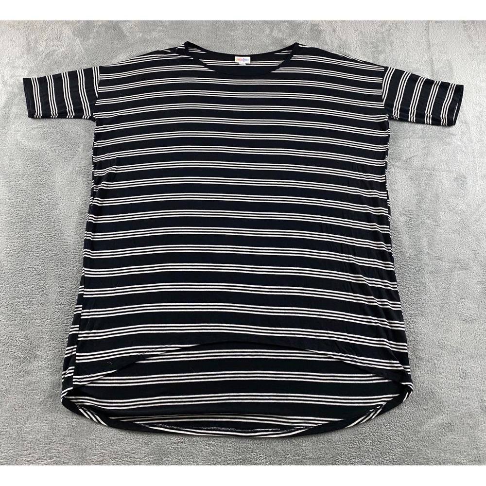 LuLaRoe Irma Tunic Top Womens Large Black White Striped Short Slv High Low Hem